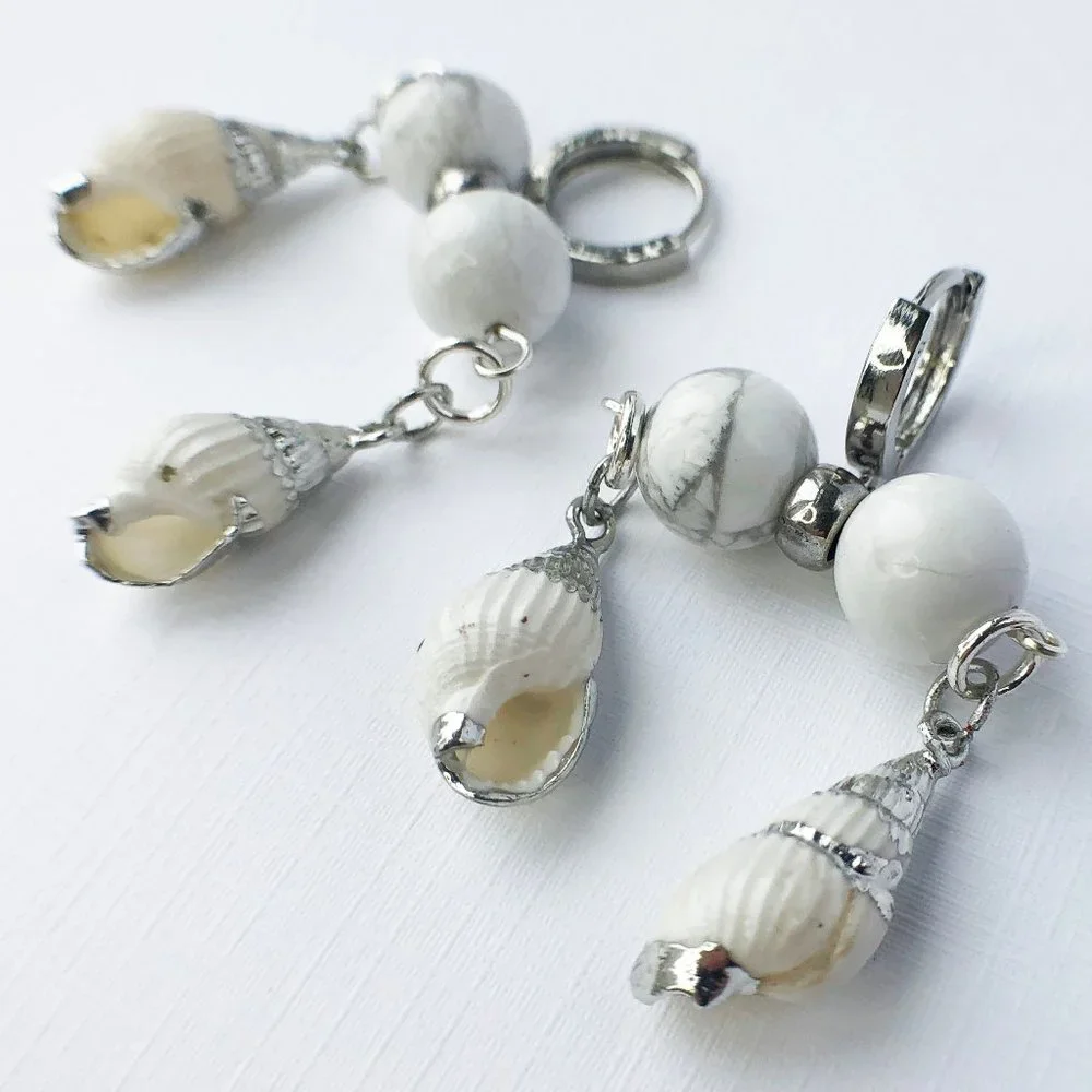 Unique White Shell Chunky Earrings, Handcrafted Howlite Dangle Hoops